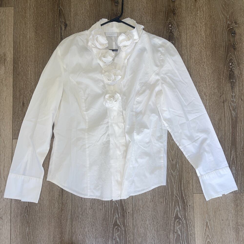 White Ruffle Button Down Blouse Size L Rose Detail Collar Long Sleeve Classic XL